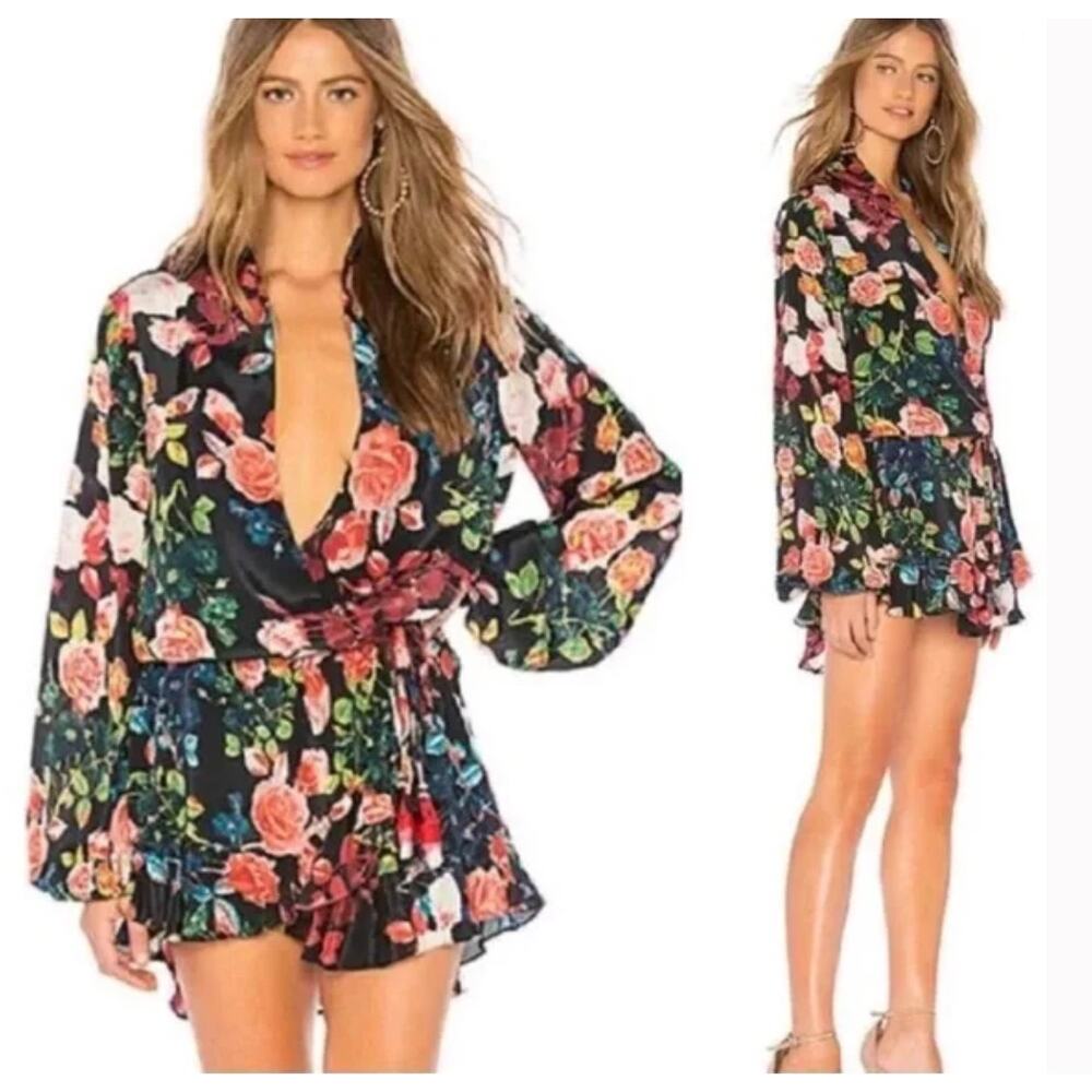 Rococo Sand Black Floral Wrap Tie-Waist Mini Dress